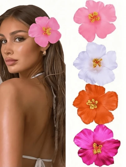 4 piezas/set de pinzas para el cabello con flores hawaianas, adecuadas para mujeres, 4 pinza para cabellos con flor artificial, pinza de cabello de flores de hibisco y loto, adecuado para vacaciones, fiesta en la playa, accesorios para flores tropicales de verano, regalo ideal para niñas