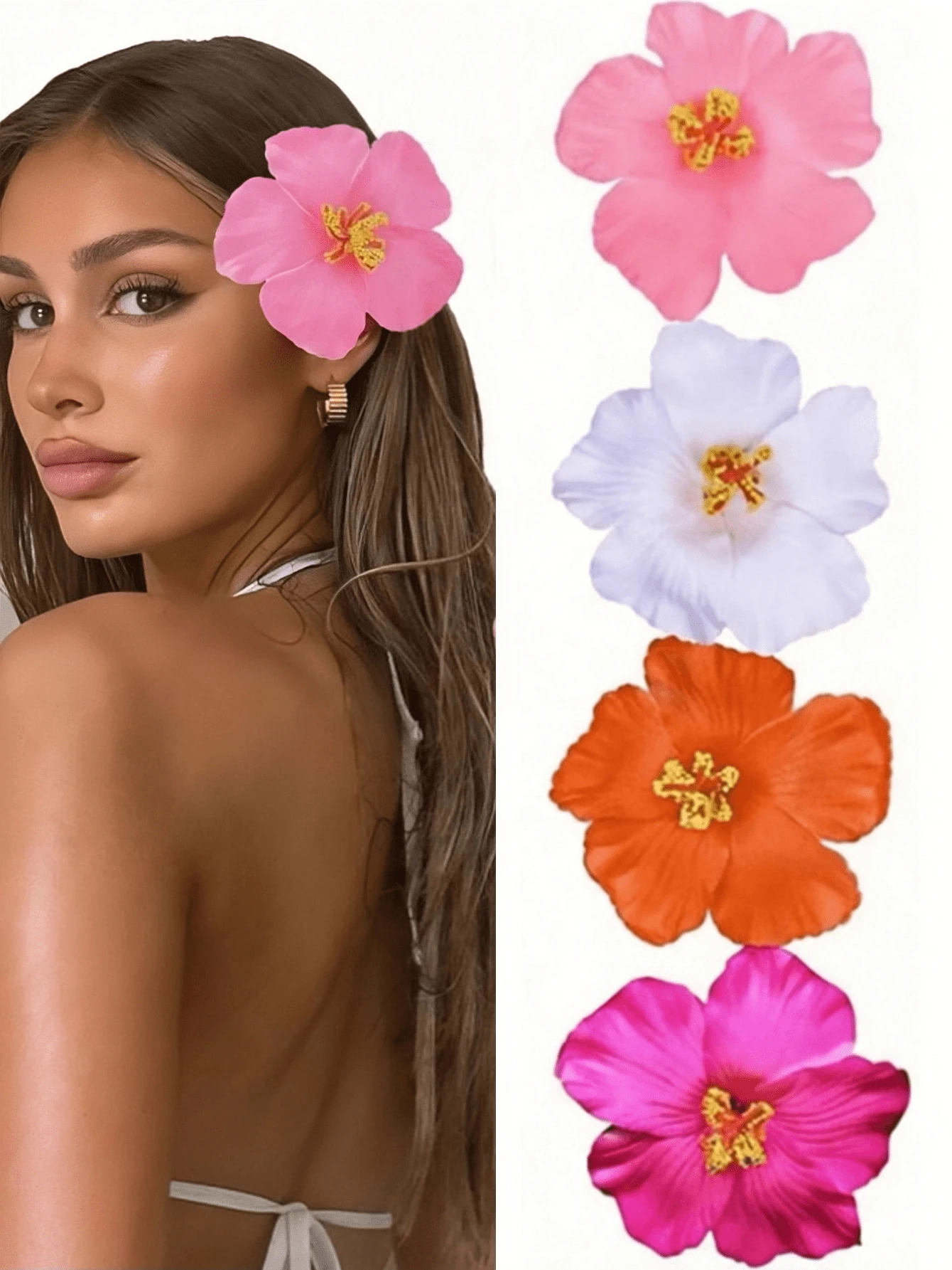 4 件套夏威夷花发夹，适合女士，4 件人造花发夹，芙蓉花和莲花发夹，适合度假、海滩派对、夏季热带花卉发饰，送给女孩的理想礼物