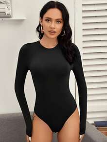 Body sexy Mujer Manga Larga Cuello Redondo Panti Blusa Leotardo en Tela Brush Suave con Doble Forro Ajustado Cómodo Ideal Otoño Invierno Casual y Elegante Negro Blanco Rojo Beige - Negro - Ver 2