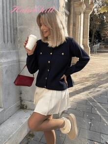 HoloChill Women's Casual Style Round Neck Contrast Button Cardigan, Summer Casual New Arrival - Navy Blue - View 8