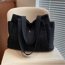 Women's Large Canvas Lined Shoulder Bag For College, Travel, And Work - 黑色 - 查看 2