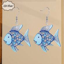 Par de pendientes de 2D planos con decoración de pez azul y flor de colores para mujeres, pendientes creativos de peces de colores acrílicos