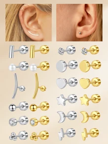 1 pieza Pendientes de acero inoxidable con forma de corazón y luna de 20G para mujeres para decoración diaria, pendientes de rosca de oro y plata, pendientes de cartílago, hélix y trágus