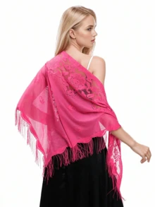 1 pieza Nuevo chal de encaje con flecos para mujer, pañuelo triangular de unicolor, ligero y transpirable, accesorio para vestido para boda, fiesta y dama de honor - Blanco - Ver 7