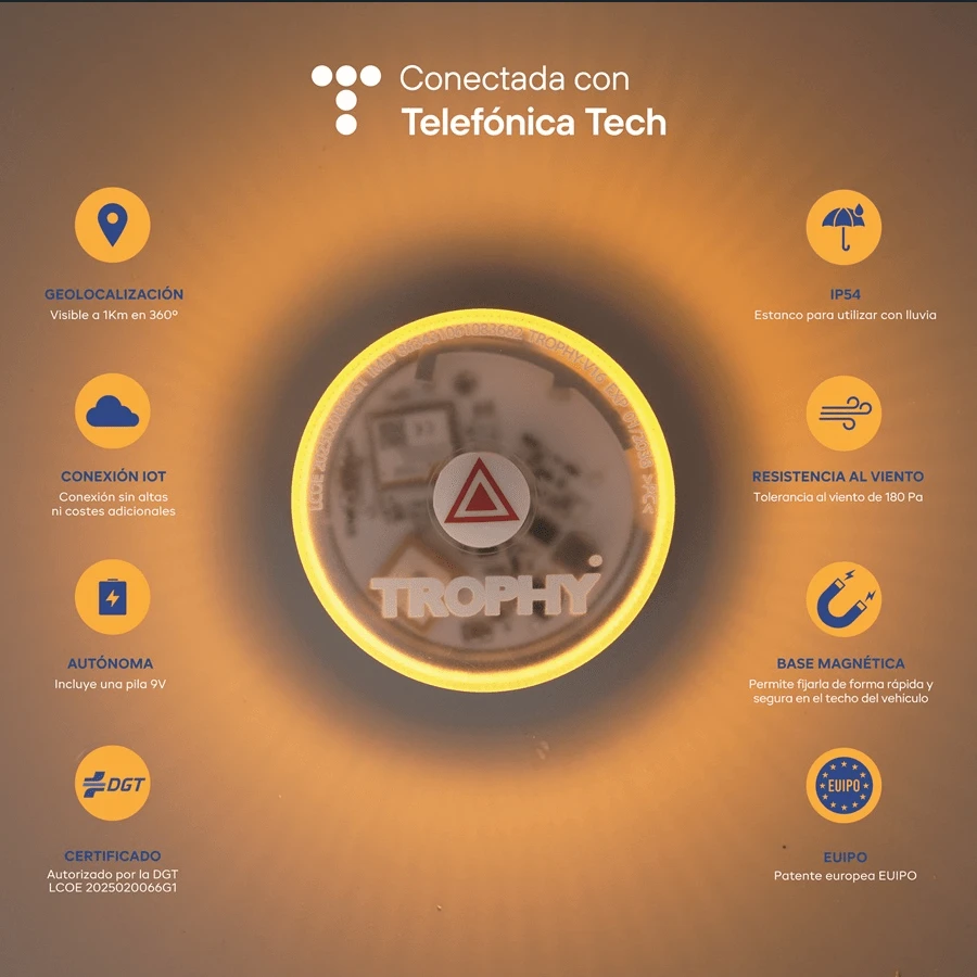 Trophy - V16 baliza de emergencia, IoT Luz de Emergencia V16 con Geolocalización, Exigible a Partir de 2026, Baliza Conectada con DGT 3.0, Señal V-16 para Coches, Aviso Ubicación.