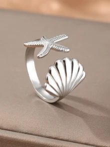 1 chiếc nhẫn thép không gỉ hình vỏ sò và sao biển 3D, trang sức thời trang cho kỳ nghỉ bãi biển - Bạc - Xem 9