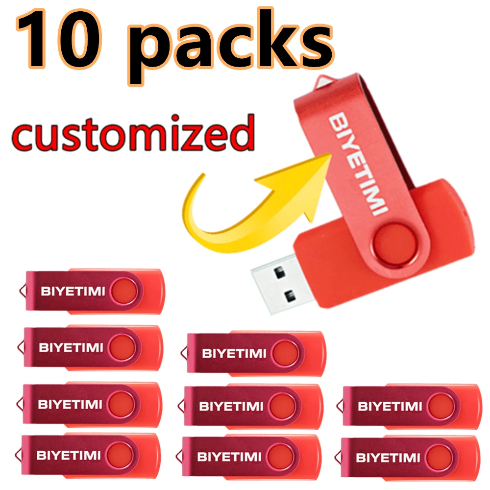 10 piezas Unidad flash USB 2.0 de alta velocidad de 64GB con logotipo personalizado, apta para computadora, automóvil, TV, etc., imprimible por láser - Rojo - Ver 1