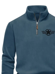 Men's Fleece Half-Open Zipper Top, Stand-Up Collar Half-Zipper Long-Sleeved Pullover, Men's Classic And Fashionable Polo Shirt - xanh nhạt - Xem 3