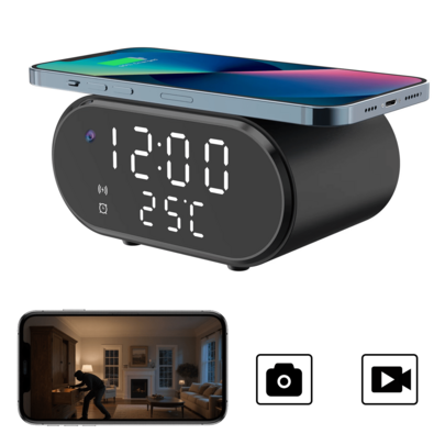 wiwacam Caméra 4K UHD, réveil avec chargement sans fil, port USB - Enregistreur vidéo nounou avec détection de mouvement, détection de personne par IA et enregistrement en boucle Cloud/SD pour maison connectée