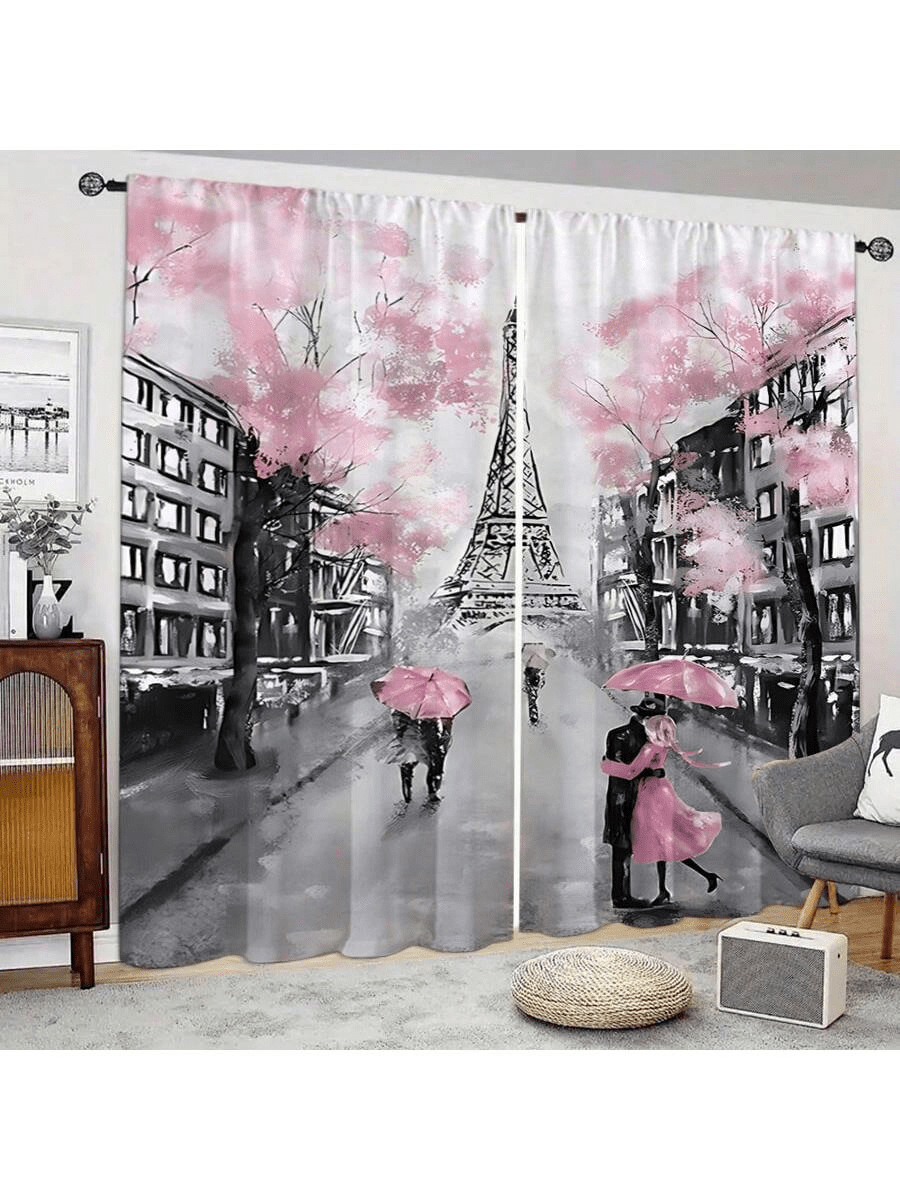 2pcs Paris Pink Oil Painting Eiffel Tower Print Curtain, Rod Pocket Window Treatment For Bedroom Office Kitchen Living Room Study Home Decor