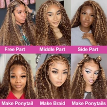 Peruca Frontal de Renda com Cabelo Misturado, Ondas Profundas HD 13x4, Densidade de 200%, Ombré Jerry Encaracolado, para Uso Diário de , 8-34 Polegadas, P4/27, Sem Cola, Pré-Arrancado, Linha de Cabelo Natural com Cabelo de Bebê, 4x4 5x5, Loiro Mel, Ondas de Água, Cabelo Curto de Renda