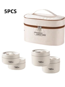 5件套304L不锈钢保温饭盒带储物袋和餐具，便携式双层密封便当盒，适用于办公室、学校