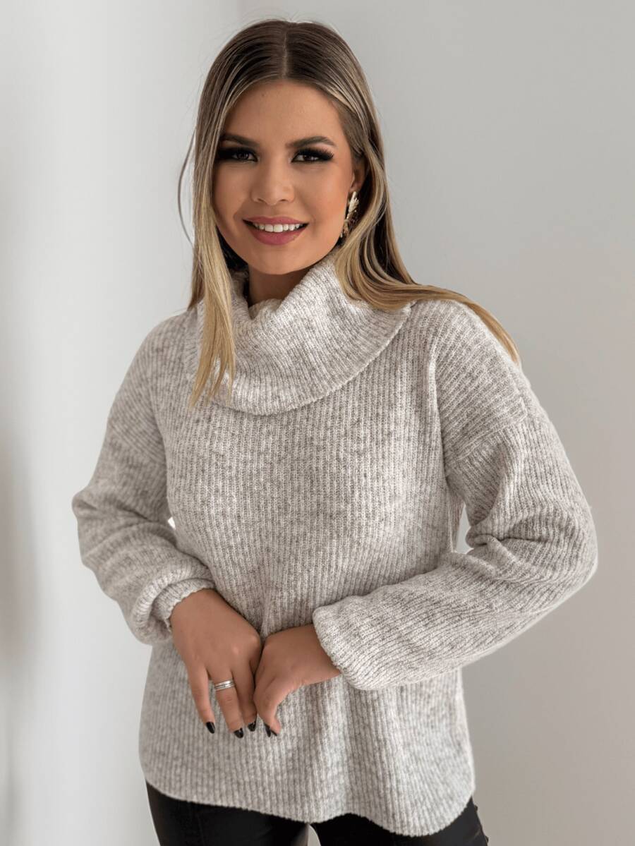 Women's Winter Cold Mousse Knit Blouse High Neck Casual Elegant - 自然的 - 查看 1