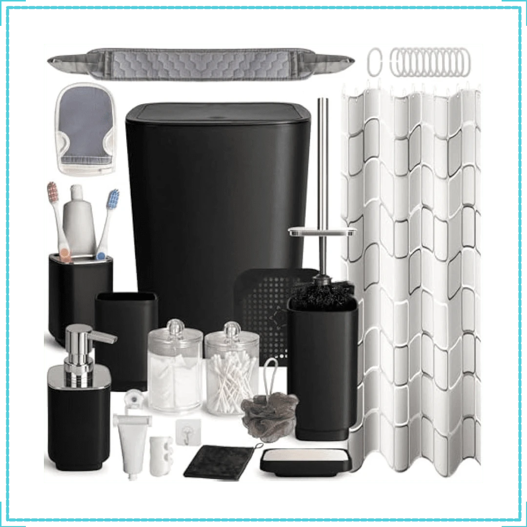 Black Restroom Decor And Accessories, Shower Curtains For Bathroom Sets, Bathroom Shower Curtain Sets, Bathroom Accessory Set With Trash Can, Bathroom Accessories Set, 29pcs - 11 - 查看 1