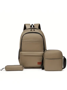 3pcs/Set Stylish Minimal & Cute Large Capacity Backpack Set For Back To School, Travel, Fashion Commuter - Khaki - View 1