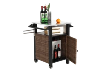 Sairedel Single Door Bar Cart,Outdoor Kitchen Wicker Island Rolling Cart & Storage Cabinet, Wheels And Stainless Steel Extended Table Top, Side Handle For Patio Kitchen Or Bar Cart, Brown - 1 - View 5