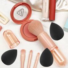 Set de brochas de maquillaje mini 4 en 1, brocas de viaje portátiles y reutilizables con brocha para labios, broca para iluminador, pincel para ojos, cepillo para base, incluye 3 esponjas de teardrop negras, excelente para maquillaje sobre la marcha