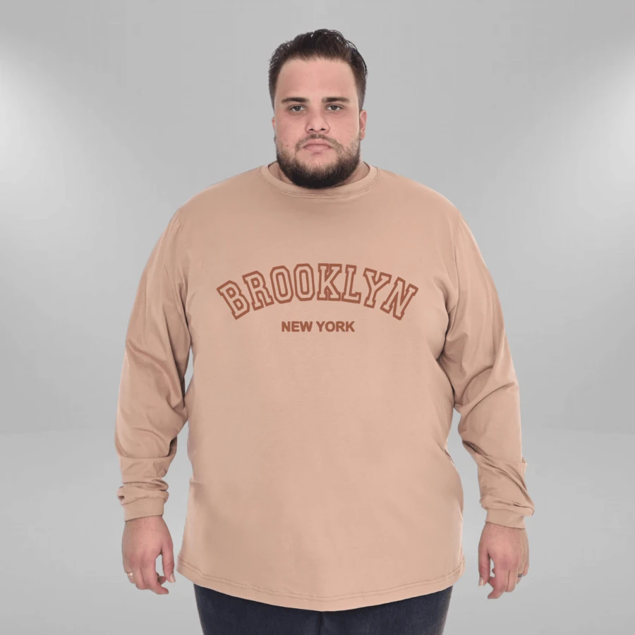 Brooklyn New York Men's Plus Size Long Sleeve T-Shirt 100% Cotton - 米色 - 查看 1