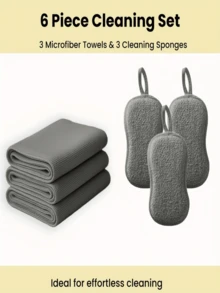 Conjunto de 6 Peças de Pano de Limpeza e Esponja - 3 Toalhas Absorventes + 3 Esponjas de Limpeza Dupla Face - Reutilizável para Cozinha, Carro, Banheiro, Louças - Almofada de Limpeza Sem Arranhões