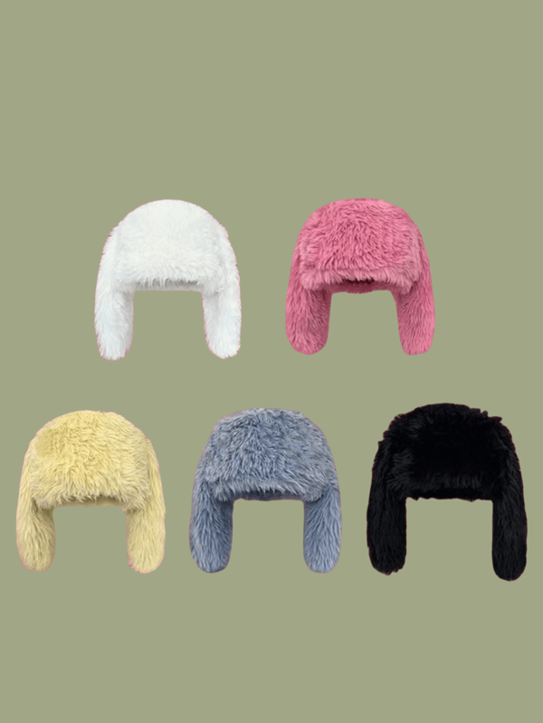 1pc Women's Solid Color Boho Polyester Faux Fur Long Ear Flap Beanie, Warm For Spring, Autumn And Winter