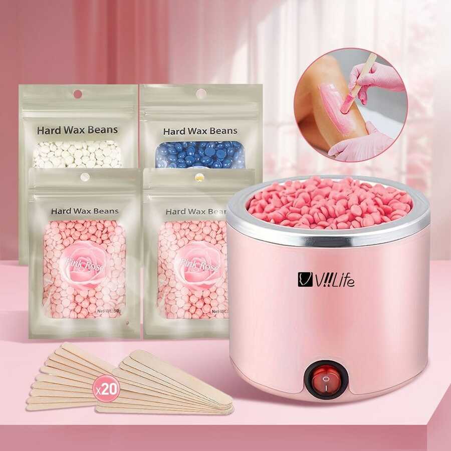 Viilife Pink Waxing And Hair Removal Set 200cc Wax Heater 4 Packs Of Waxing Wax Beans 20 Waxing Sticks Suitable For Women To Wax And Remove Hair At Home. - View 1