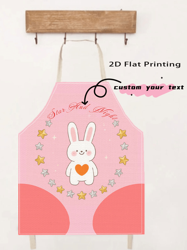 1pc Pink Cute Rabbit Customized Text Apron, 2D Flat Printing, Adorable Kitchen Baking Assistant, Kitchen Decor, Great Couple Gift