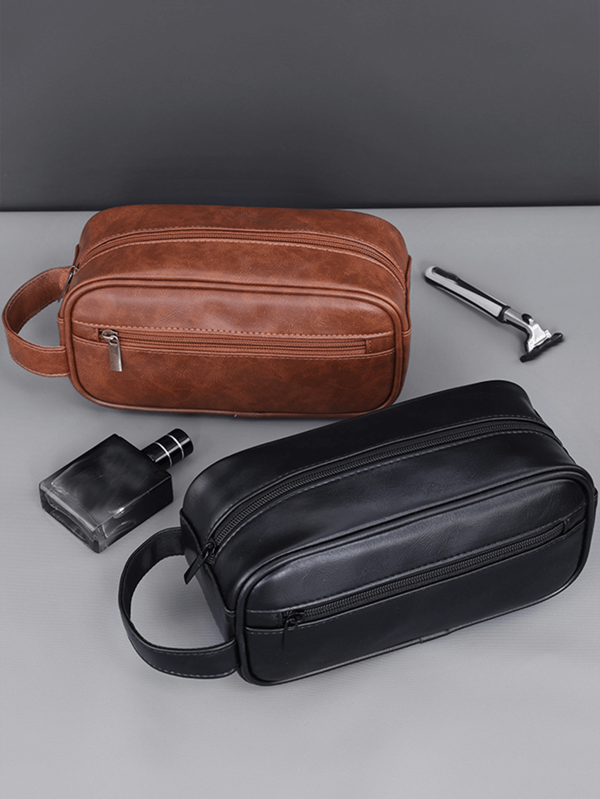 Men Pu Leather Wash Bag Travel Business Trips Portable Cosmetic Bag Large Capacity Multi Pocket Design Handheld Pu Leather Wash Bag Purse Organizer Christmas Gifts Vintage Gifts For Men Christmas Bags