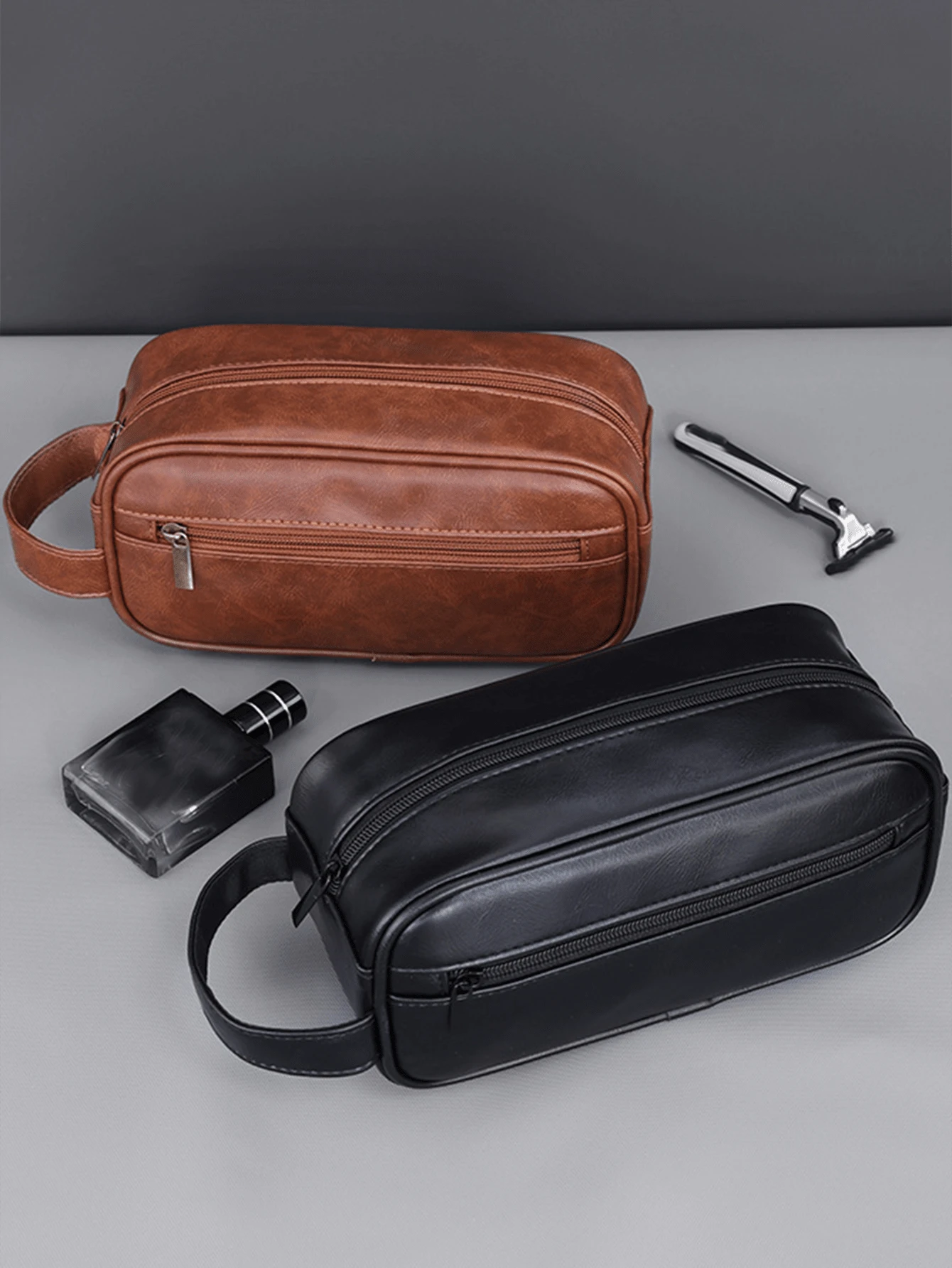 男士PU皮洗漱包，旅行商务便携化妆包，大容量多口袋设计，手提式PU皮洗漱包，钱包收纳包，圣诞礼物，复古男士礼物，圣诞包，男士礼品包 - 彩色 - 查看 1