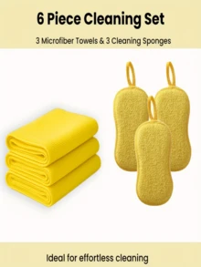 Conjunto de 6 Peças de Pano de Limpeza e Esponja - 3 Toalhas Absorventes + 3 Esponjas de Limpeza Dupla Face - Reutilizável para Cozinha, Carro, Banheiro, Louças - Almofada de Limpeza Sem Arranhões
