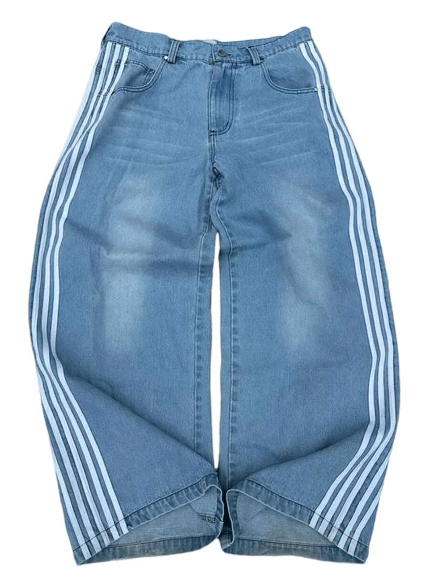 Striped Denim Pants For Men,Loose Fit Y2K Vintage Style Long Trousers,Straight Leg Baggy Retro Design Jeans - 藍色 - 查看 1