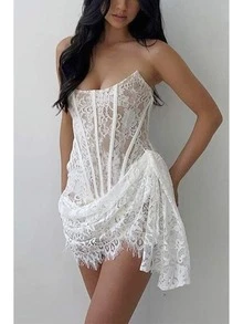 Lace Dress: Sexy Black Corset Mini Outfit - 白色 - 查看 2