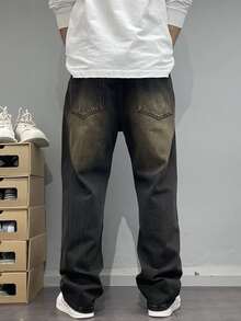 Quần jeans thường ngày cho nam thiếu niên, kiểu dáng wash acid với họa tiết râu mèo, ống quần suông thoải mái, phù hợp cho mọi mùa. - màu đen - Xem 3