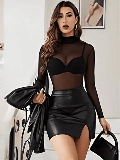 Body sexy para Mujer Manga Larga con cuello Panti Blusa Leotardo tela malla transparente Suave Ajustado Cómodo Casual  Elegante Negro Blanco Beige Ideal Otoño Invierno primavera verano incluye un top basico grati