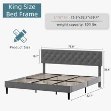 Twin/ Full/ Queen/ King Bed Frame, Upholstered Platform Bed Frame With Headboard, Solid Wood Slats, No Box Spring Needed, Noise-Free, Easy Assembly, White/ Grey/ Dark Grey/ Pink/ Blue - Xám - Xem 9