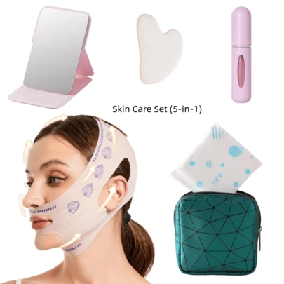 5pcs Skin Care Tool Kit, 5-In-1 Set Includes Perfume Refillable Bottle, Face Lifting Mask, Facial Massage Tool, Triangle Board, Mini Makeup Mirror, Cosmetic Storage Bag, Sanitary Pad Pouch, Waterproof Makeup Bag, Tool Organizer