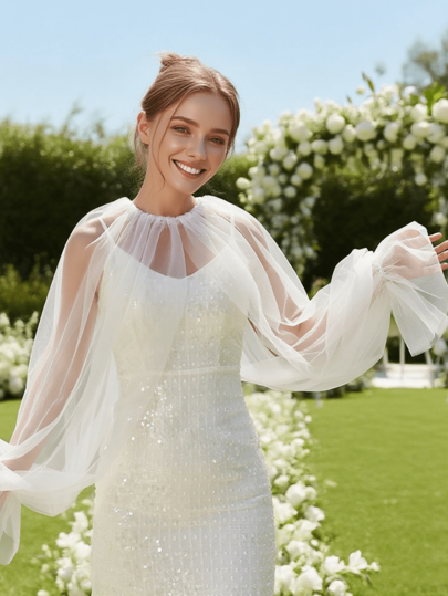 1pc Minimalist Sheer Chiffon Flare Sleeve Bridal Shawl, Suitable For Women's Wedding, Wedding Dress Photo Shoot, Party Sleeveless Dress Outerwear, Long Sleeve Pullover Fall Clothes For Women