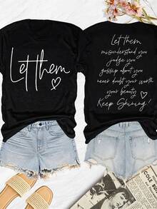 Lettering Printed T-Shirt, 100% Cotton Crew Neck T-Shirt, Geometric Pattern, Casual Short Sleeve Knitted Fabric Top, Suitable For Spring And Autumn, Women's Clothing - Gift Must-Have - High Quality Material 180g