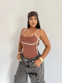 Versatile Two-Tone Women's Bodysuit, Polyamide, Double Elastic Lining, With Straps, Chic/Casual/Elegant Fashion - 摩卡棕 - 查看 2