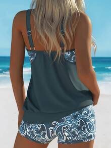 女士时尚印花两件套坦基尼套装，可调节肩带全罩杯泳衣，波西米亚风格，适合海滩和泳池，优雅可爱，夏季夏威夷海滩度假