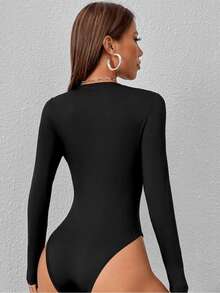 Body sexy Mujer Manga Larga Cuello Redondo Panti Blusa Leotardo en Tela Brush Suave con Doble Forro Ajustado Cómodo Ideal Otoño Invierno Casual y Elegante Negro Blanco Rojo Beige - Negro - Ver 4