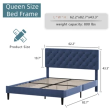 Twin/ Full/ Queen/ King Bed Frame, Upholstered Platform Bed Frame With Headboard, Solid Wood Slats, No Box Spring Needed, Noise-Free, Easy Assembly, White/ Grey/ Dark Grey/ Pink/ Blue - 藍色 - 查看 8