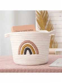 1pc White Cotton Rope Woven Storage Basket, Desktop Organizer Bin For Cosmetics, Clothes, Bedding, Nursery, Diapers, Suitable For Daily Use - White - View 2