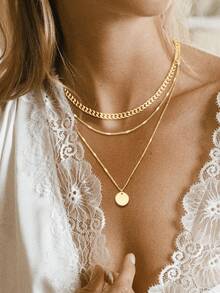 2pcs Stainless Steel Round Pendant Triple Layer Necklace, Minimalist Round Pendant Curb Chain Layered Necklace, Lightweight Luxury Necklace Suitable For Girls And Women - Yellow Gold - View 2