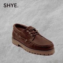 Men's Leather Boat Shoes With Lace Closure Plain Casual Lace Up - 棕色 - 查看 1