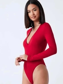 Body sexy Mujer Manga larga escote pronunciado Panti Blusa Leotardo en Tela Brush Suave con Doble Forro Ajustado Cómodo Ideal Otoño Invierno Casual y Elegante Negro Blanco Rojo - Rojo - Ver 3