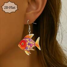 Par de pendientes de 2D planos con decoración de pez azul y flor de colores para mujeres, pendientes creativos de peces de colores acrílicos