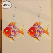 Par de pendientes de 2D planos con decoración de pez azul y flor de colores para mujeres, pendientes creativos de peces de colores acrílicos