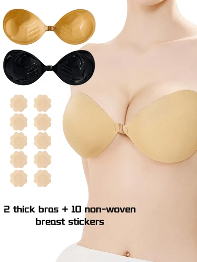 2 Pairs Of Thickened Bras + 10 Pcs Of Non-Woven Breast Pads For Women, Self-Adhesive Invisible Strapless Bras, Reusable Push-Up Backless Bras, Suitable For Wedding Photography And Bikinis
