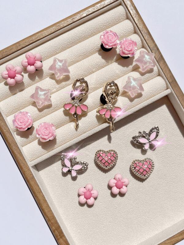 18pcs Pink Ballet, Rose, Heart, Flower, Butterfly, Pentagram DIY Detachable Decorative Accessories, Suitable For Sandals, Clogs, Garden Shoes, Beach Shoes, All Season, Great Holiday Gift