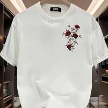 Camiseta Algodão Desenho Flores Rosa Estampado Frente/Costas Camisa Masculina Casual Básica Diária Streetwear Primavera/Verão Para Calor - Branco - Visão 2